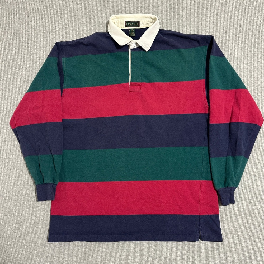 Cross Creek Striped Rugby Shirt Navy Blue Green Red Cotton Mens Size Large